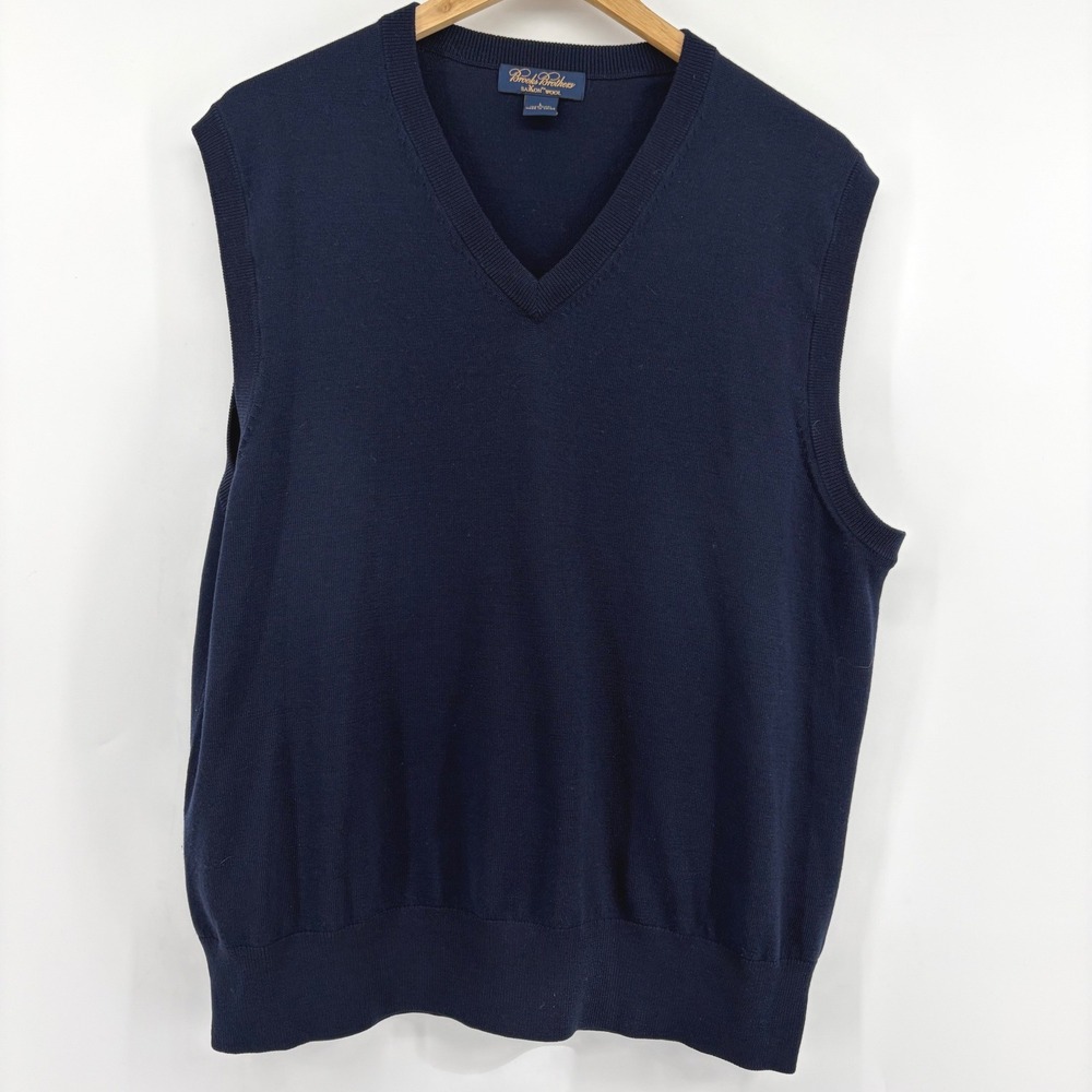 Brooks Brothers Saxon WOOL Mens V Neck Sweater Vest Navy Blue Size L - Picture 3 of 7